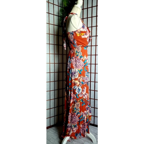 Band of Gypsies Ruffle V-Neck Faux Wrap Maxi Dress - Burnt Orange/Blue-Multi - Picture 5 of 16